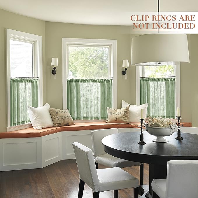 XTMYI Light Green Short Curtains for Small Bathroom Window Kitchen Set of 2 Pack Faux Linen Look Sheer Opaque Curtains That Let Light in Can't See Through,24 Inch Length,Sage