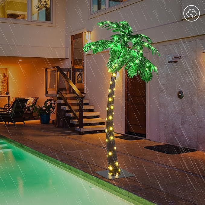 LIGHTSHARE Lighted 5FT Solar Palm Tree Artificial Palm Tree 96LED Lights for Office Decoration Outdoor and Indoors Tiki Bar Christmas Patio Pool