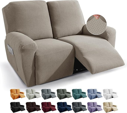 JIVINER 6-Piece Loveseat Recliner Slipcover Stretch Jacquard Recliner Sofa Cover 2 Seater Washable Reclining Couch Cover with Pocket Fitted Furniture Protector Cover (Loveseat Recliner, Khaki)