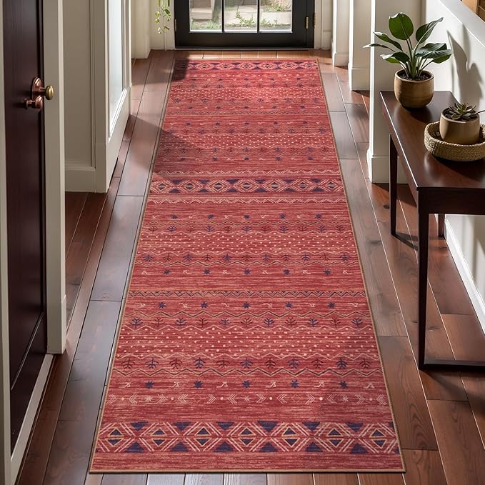 SERISSA 2x6 Kitchen Runner Rug, Washable Non-Slip Red Ochre Boho Rug, Soft Low-Pile Geometric Indoor Carpet for Hallway Laundry Room Bathroom Bedroom Entryway