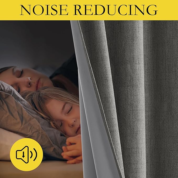 NICETOWN Grizzle Gray Vintage Linen 100% Blackout Curtains for Living Room, Thermal Insulated Curtains 90" Long, Noise Reducing Window Treatment Drapes for Hall Room, 42" Wide Per Panel, Set of 2