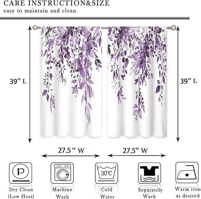 Eucalyptus Botanical Leaves Purple Floral Kitchen Window Curtains Over Sink Farmhouse Flower Leaf Small Window Treatment Cafe Short Curtains for Bathroom Treatment Tier Drapes 27.5x39 inch