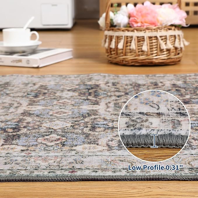 GarveeHome Runner Rug 2x6 Washable Vintage Floral Bathroom Rugs, Non Slip Low Pile Oriental Accent Carpet, Foldable Retro Runners for Hallways, Entryway, Laundry, Kitchen, Beige Brown