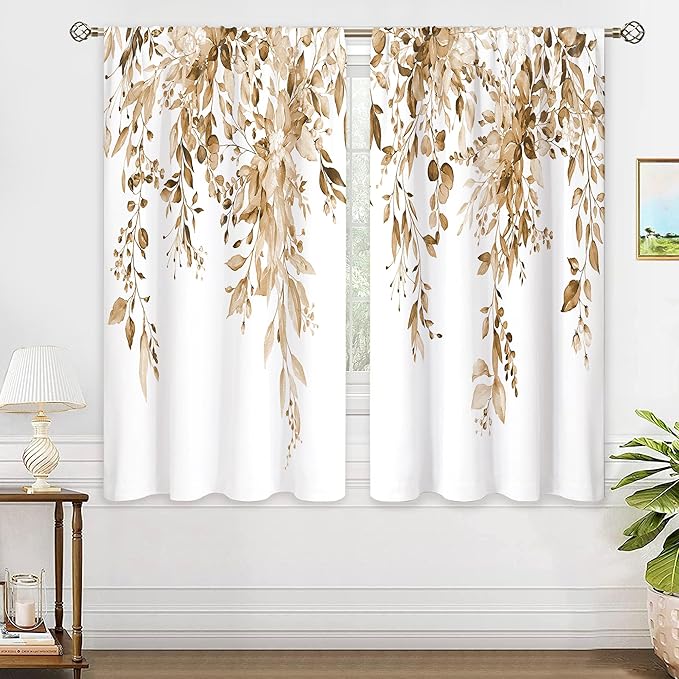Tan Eucalyptus Botanical Leaves Floral Window Curtains Watercolor Yellow Flower Plant Wildflower Farmhouse Fall Curtain Drapes Herb Curtains for Bedroom Living Room Treatment 42Wx45H Inch