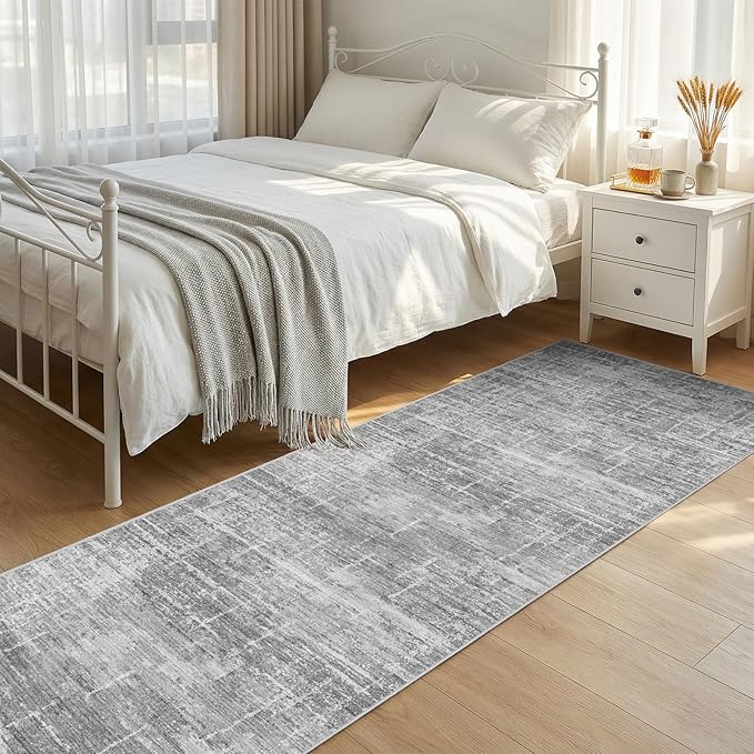 2x8 Washable Kitchen Runner Rug - Modern Abstract Neutral Carpet with Non-Slip Backing Low-Pile Stain-Resistant Thin Runners for Hallway Bathroom Bedroom Entryway (2x8, Gray)