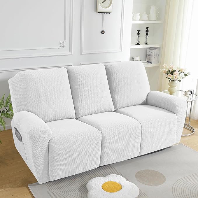 JIVINER 8-Piece Recliner Sofa Covers Stretch Jacquard Couch Covers for Reclining Slipcovers for Living Room 3 Cushion Soft Recliner Protector with Pocket (Sofa Recliner, Off White)