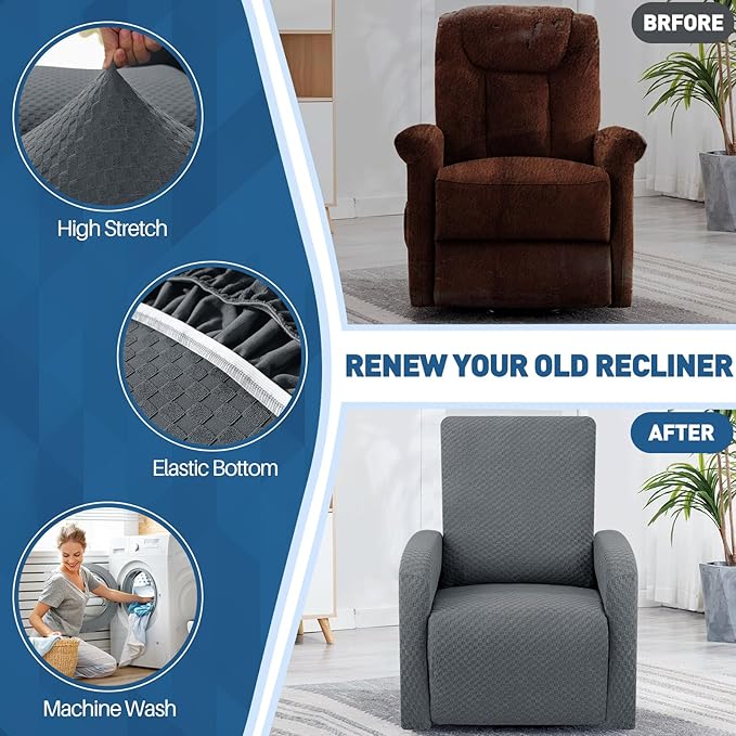YEMYHOM 3 Pieces Stretch Recliner Slipcover Latest Jacquard Small Recliner Chair Cover with Side Pocket Anti-Slip Fitted Furniture Protector with Elastic Bottom (X-Small Recliner, Dark Gray)