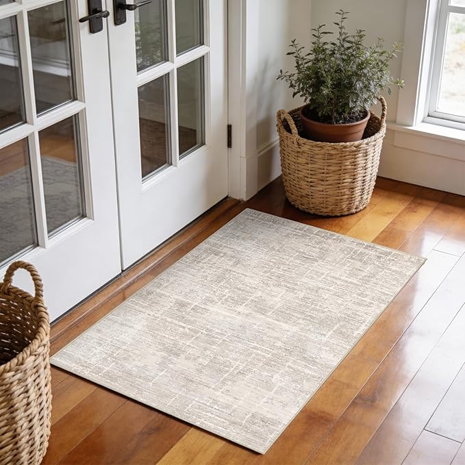 2x3 Washable Area Rug for Entryway - Small Abstract Neutral Kitchen Rug with Anti-Skid Rubber Backing Soft Low Pile Thin Carpet for Bedroom Bathroom Pet Feeding Zone (2x3, Beige)