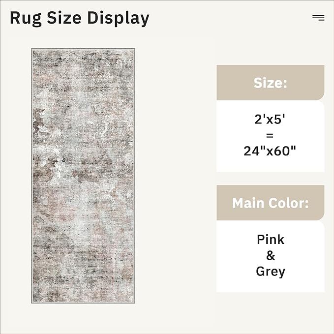 Soalmost Runner Rug 2x5 Washable Non-Slip Kitchen Runner Rugs for Bathroom Laundry Room Pink/Grey Vintage Floor Carpet Runners for Hallway Entryway