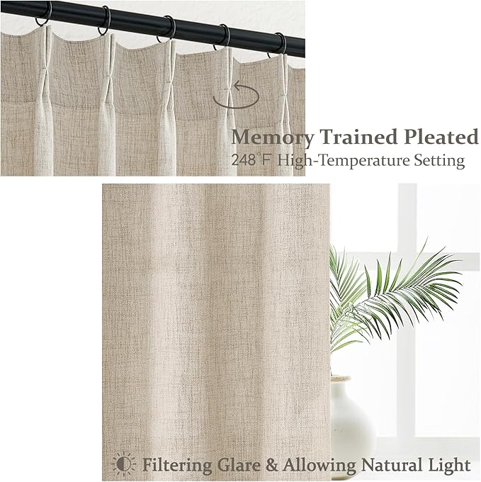Natural Linen Mini Sheer Curtains 54 Inch Length for Small Kitchen Windows, Pinch Pleated Light Filtering Cream Boho Drapes Cottage Core Privacy Basement Curtain 2 Panels Set with Back Tab 40"W x 54"L