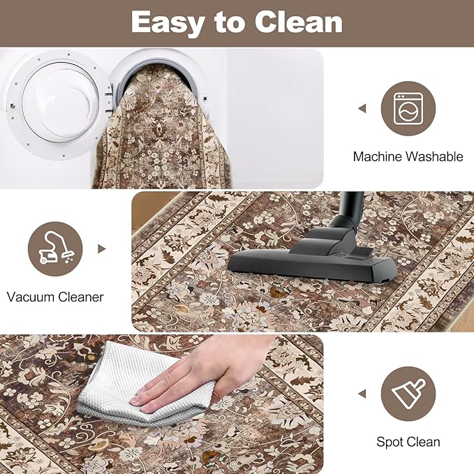 LOKHOM Washable Runner Rug, 2x8 Non Slip Vintage Hallway Runner Rug with Rubber Backing, Boho Floral Soft Faux Wool Kitchen Rug Carpet Runner for Kitchen Laundry Entryway Bedroom (Dark Brown)