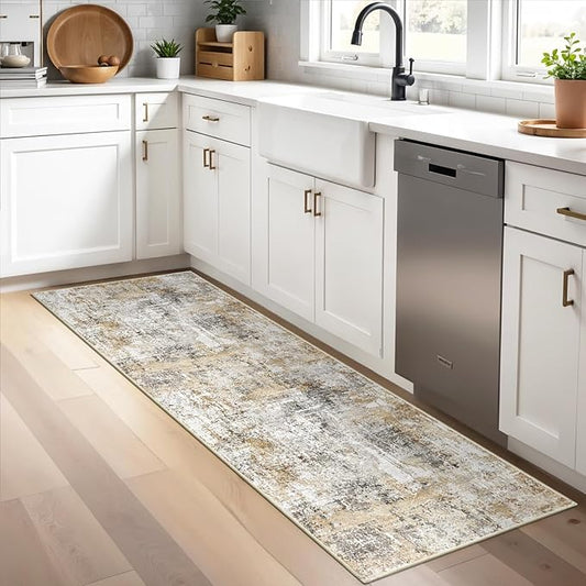 2x5 Non-Slip Washable Runner Rug – Modern Neutral Abstract Small Rug for Hallway, Kitchen, Bathroom, Bedroom, Entryway, Laundry Room – Thin Soft Low-Pile Rubber Backing (Gold Grey)