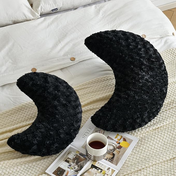 Moon Pillow, Moon Shaped Pillow with Soft Faux Fur for Couch Bed Sofa, Cute Half Moon Pillows with Room Decor for Bedroom Living Room (19 Inches, Black)