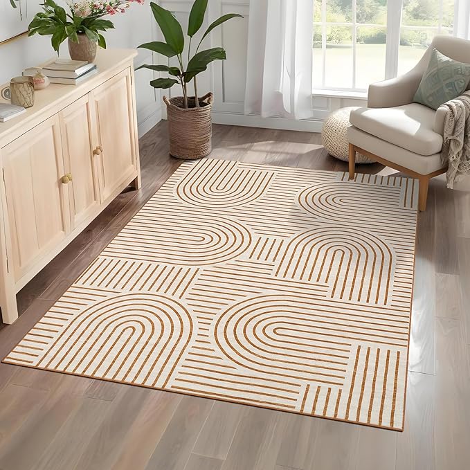 ROYHOME Washable Rug 4x6 Area Rugs for Living Room, Abstract Rug for Bedroom, Soft Rainbow Non Slip Throw Rugs with Rubber Back, Low Pile Stain Resistant Boho Geometric Carpet for Dining Room,Orange