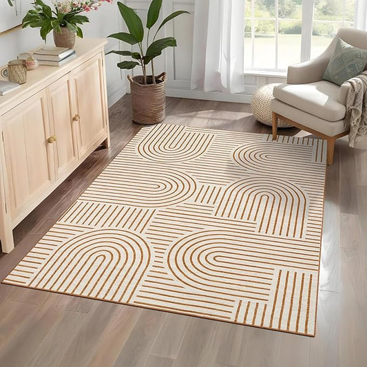 ROYHOME Washable Rug 4x6 Area Rugs for Living Room, Abstract Rug for Bedroom, Soft Rainbow Non Slip Throw Rugs with Rubber Back, Low Pile Stain Resistant Boho Geometric Carpet for Dining Room,Orange