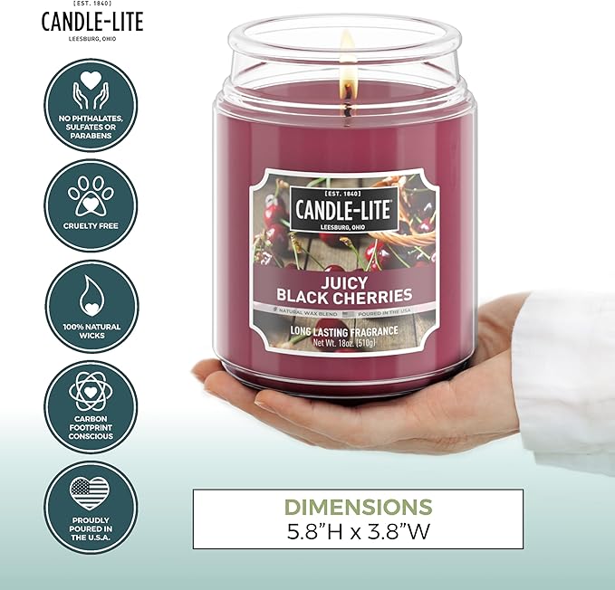 CANDLE-LITE Scented Juicy Black Cherries Fragrance, One 18 oz. Single-Wick Aromatherapy Candle with 110 Hours of Burn Time, Dark Red Color, Jar