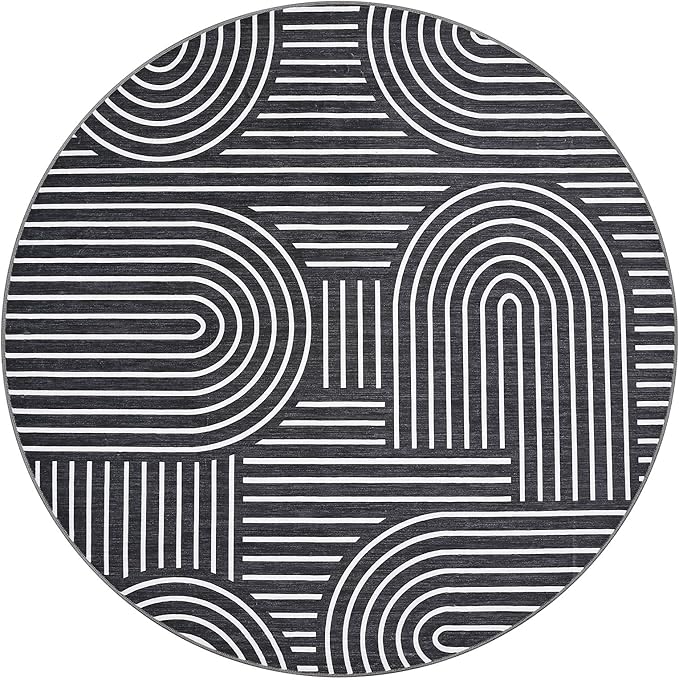 ROYHOME Washable Rug 4ft Area Rugs for Living Room, Abstract Rug for Bedroom, Soft Rainbow Non Slip Throw Rugs with Rubber Back, Low Pile Stain Resistant Boho Geometric Carpet for Dining Room,Black