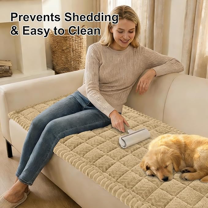 Smiry Non Slip Couch Covers for Dogs, Fuzzy Pet Couch Covers for 3 Cushion Sofa Pet Friendly, Soft Sofa Slipcovers Cushion Furniture Protector Washable (Khaki, 27.6" x 88")