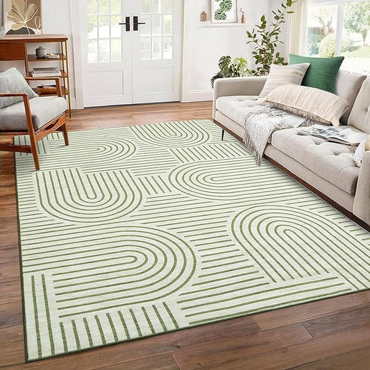 ROYHOME Washable Rug 6x9 Area Rugs for Living Room, Abstract Rug for Bedroom, Soft Rainbow Non Slip Throw Rugs with Rubber Back, Low Pile Stain Resistant Boho Geometric Carpet for Dining Room, Green