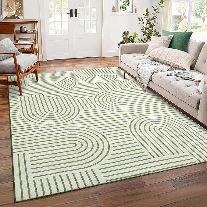 ROYHOME Washable Rug 8x10 Area Rugs for Living Room, Abstract Rug for Bedroom, Soft Rainbow Non Slip Throw Rugs with Rubber Back, Low Pile Stain Resistant Boho Geometric Carpet for Dining Room, Green