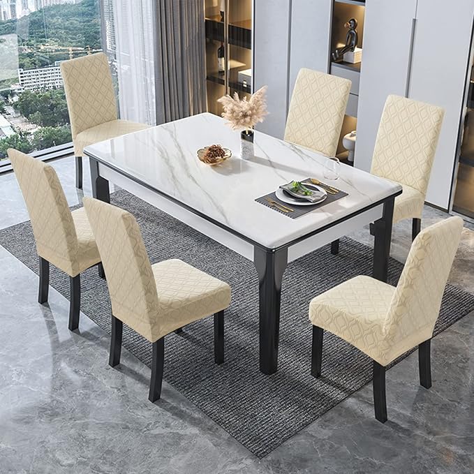 Genina Waterproof Chair Covers for Dining Room, Stretch Jacquard Dining Chair Slipcovers Removable Washable Chair Protector for Kitchen, Parsons (Jacquard-Beige, 6 PCS)