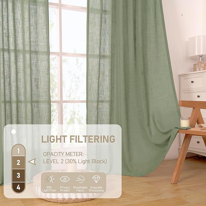 LAMIT 60 Inch Length Window Linen Curtains, Light Filtering Panels Back Tab and Rod Pocket Neutral Drapes for Bedroom/Living Room, Sage Green, 2 Panels, 34 x 60 Inch