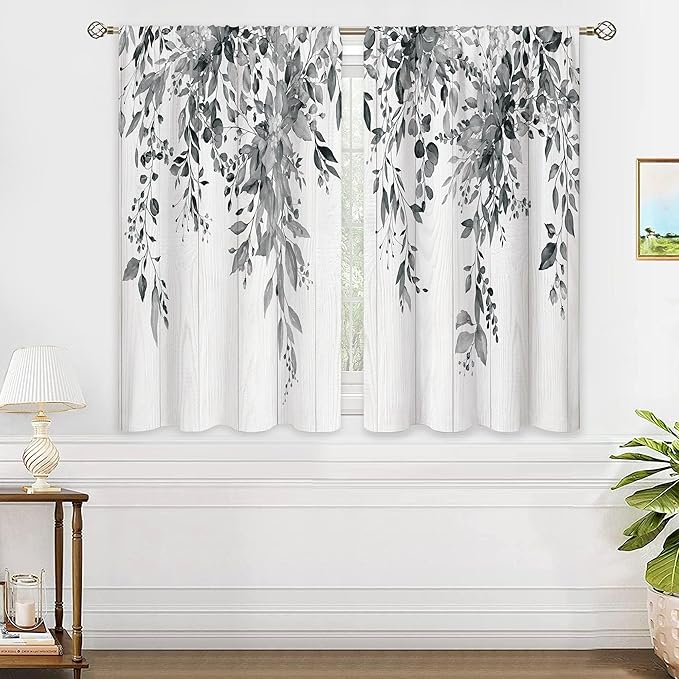 Farmhouse Grey Eucalyptus Small Kitchen Curtains Leaves Window Treatment Black White Wooden Cafe Short Curtains for Bathroom Dining Laundry Room Botanical Tier Treatment Drapes 26x36 inch