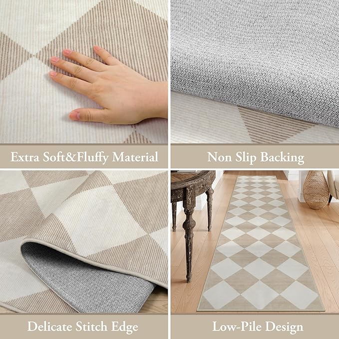 Beeiva Checkered Print Washable Indoor Door Mats for Entryway, 2x3 Non Slip Ultra Thin Bathroom Rugs Fit Under Door, Moroccan Diamond Decor Beige Small Rugs for Bedroom Kitchen Laundry Entrance