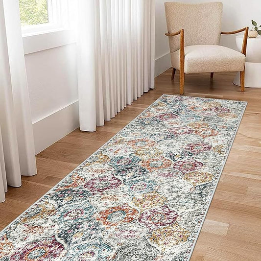 Lahome Moroccan Trellis Hallway Runner Rug, 2x6 Kitchen Runner Rugs Non Skid Washable, Vintage Laundry Room Rug Ultra-Thin Long Carpet for Bathroom Bedroom Entryway Elise, Aqua/Multi
