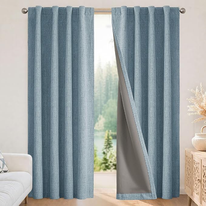 Joydeco Blackout Curtains for Bedroom - 120 Inch Long 100% Light Blocking 2 Panels Sky Blue Drapes, Thermal Insulated Room Darkening Curtains, Linen Textured for Living Room, Rod Pocket & Back Tabs