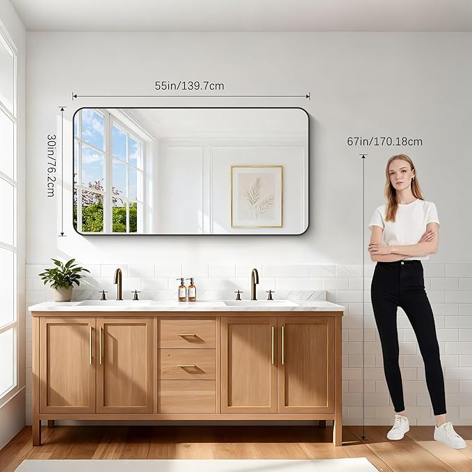 Bathroom Mirror, 30"x55" Black Rectangle Wall Mirror, Metal Frame Rounded Corner Vanity Mirror, Large Wall Mounted Mirror for Modern Bedroom Living Room Horizontal Or Vertical Mounting
