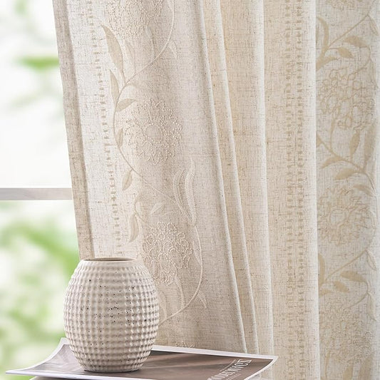 jinchan Winslow Linen Curtains for Bedroom 108 Inches Length Embroidered Bordered Floral Curtains for Living Room Farmhouse Decor Light Filtering Window Treatments Ivory on Beige Drapes 2 Panels