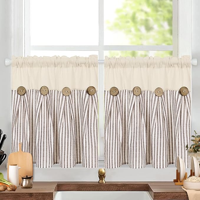 ASPMIZ Cotton Linen Kitchen Curtains 24 Inch Length Tier Curtain for Small Window Treatment, Boho Button Half Window Curtain Farmhouse, Brown Stripe Rod Pocket Short Curtains for Window Cafe Bathroom