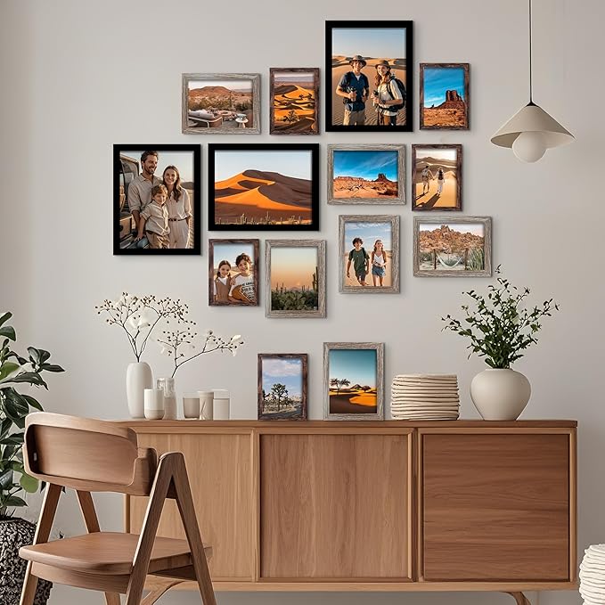 BESCRCL 15 Pack Real Glass Picture Frames Collage Wall Decor, Including 3pcs 8x10 Black, 6pcs 5x7 Light Brown, 6pcs 4x6 Brown, Photo Frames Set for Gallery Wall or Tabletop Display