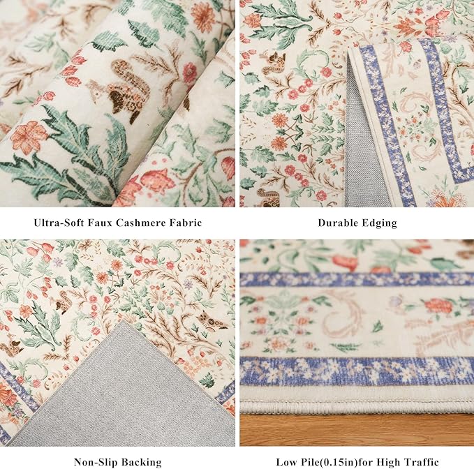 Botanical Beige 3x5 Area Rug - Non-Slip Washable Soft Low-Pile Small Area Rugs for Kitchen Bedroom Entryway Kid Room – Vintage Florals Door mat Indoor (Cream, 3x5)