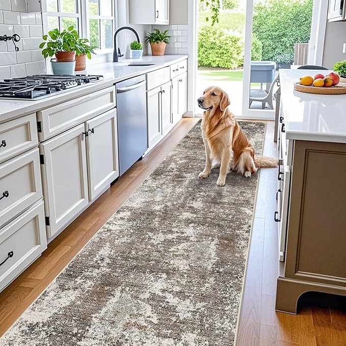 3x20 ft Extra Long Hallway Runner Rug - Non-Slip Washable Floor Runner with Rubber Backing, Modern Low Pile Thin Wide Carpet for Entryway, Kitchen, Living Room (Brown Beige, 3x20)