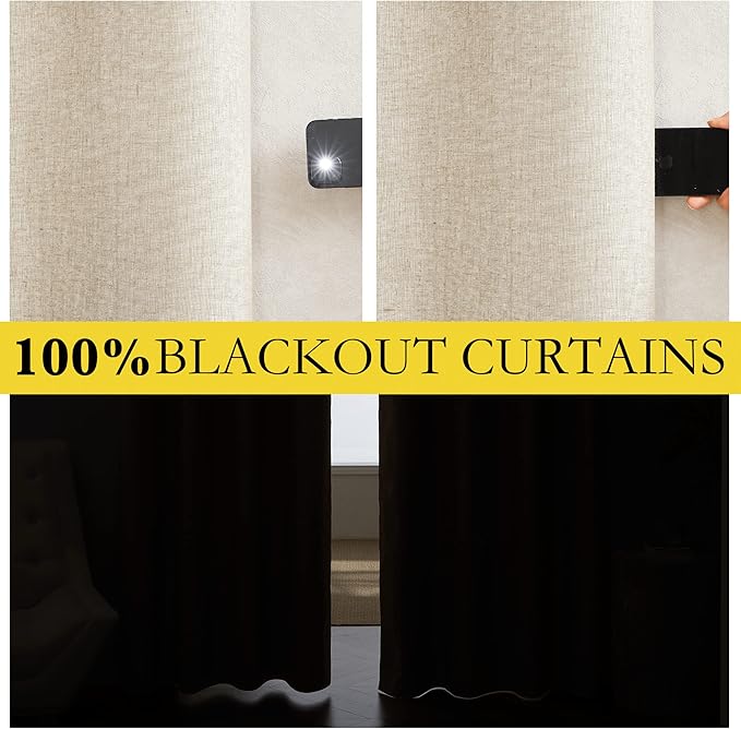 NICETOWN Linen Blackout Curtains for Kitchen, Beige, 2 Panels, 34" Wide x 60" Long, Short Kitchen Burlap Linen 100% Blackout Drape Panels for Night Shift, Great Job for Blocking Light