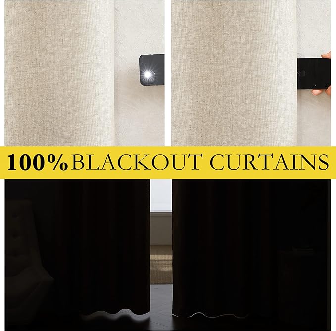 NICETOWN 100% Absolutely Blackout Linen Curtains with Thermal Insulated White Liner, Beige, W62, 2 Pieces, Noise Reducing Textured Linen Look Curtains for Windows 95 inch Length for Classroom