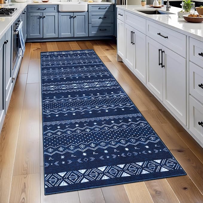 SERISSA 2x5 Kitchen Runner Rug, Washable Non-Slip Blue and White Boho Rug, Soft Low-Pile Geometric Indoor Carpet for Hallway Laundry Room Bathroom Bedroom Entryway