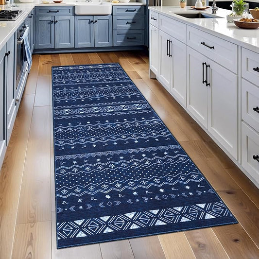 SERISSA 2x5 Kitchen Runner Rug, Washable Non-Slip Blue and White Boho Rug, Soft Low-Pile Geometric Indoor Carpet for Hallway Laundry Room Bathroom Bedroom Entryway