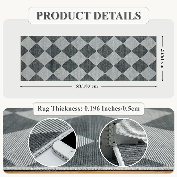 Beeiva Checkered Print Hallway Rug 2x6, Ultra Thin Kitchen Rug Runner Non Slip Washable Carpet Runners for Hallway 6ft, Modern Diamond Stain Resistant Floor Carpet for Bathroom Bedroom Entryway