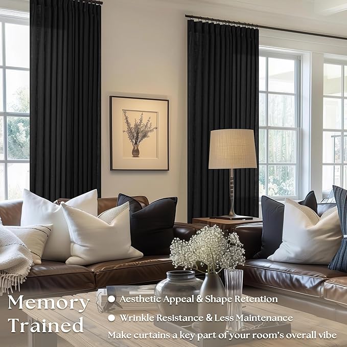 TWODRAPES Black Linen Semi Sheer Curtains 90 Inches Long for Living Room Bedroom Light Filtering Black Textured Burlap Pinch Pleated Curtains 90 Length Hooks Rings Back Tab for Sliding Door 2 Panels