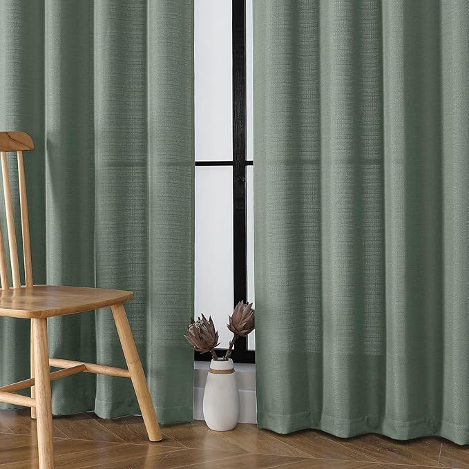 Chyhomenyc Sage Green Curtains 96 Inch Length 2 Panels Set, Faux Linen Textured Semi Light Filtering Soft Airy Farmhouse Window Curtain Drapes for Living Room Bedroom, 50Wx96L