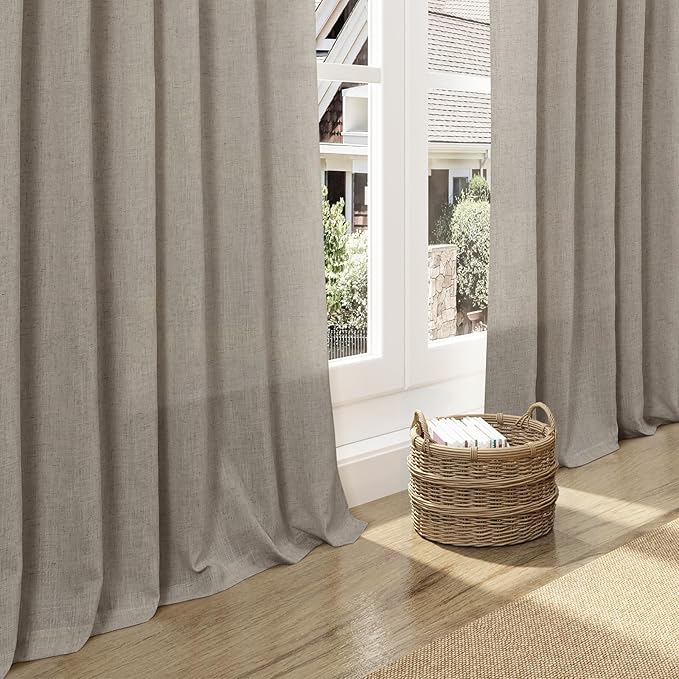 Nanspring Grey Beige Linen Curtains 63 Inch Length ffor Living Room Luxury Light Filtering Semi Sheer Curtain Back Tab Simple Modern Neutral Elegant Boho Gray Drapes for Bedroom 52x63, 2 Panels