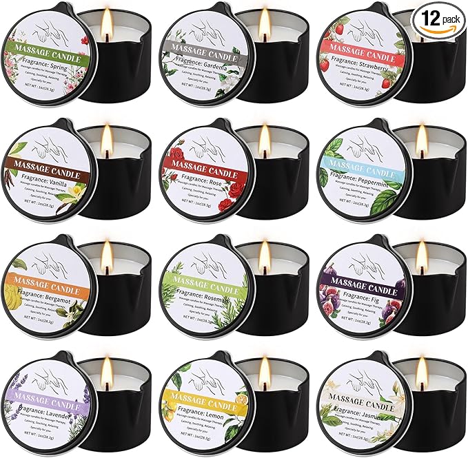 12-Pack Massage Candle Set - Low Temperature Soy Wax Melts into Silky Smooth Massage Oil, 1oz Aromatherapy Candles for Couples, Home Spa, Relaxation & Romantic Gifts (12 Scents)