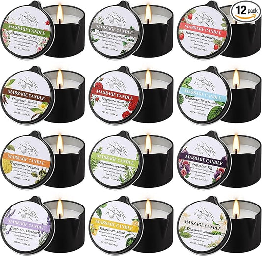 12-Pack Massage Candle Set - Low Temperature Soy Wax Melts into Silky Smooth Massage Oil, 1oz Aromatherapy Candles for Couples, Home Spa, Relaxation & Romantic Gifts (12 Scents)