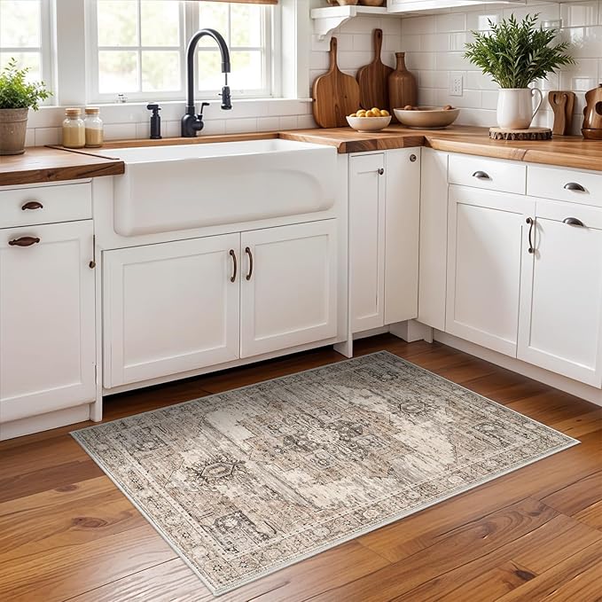 RUUGME Washable 2x3 Area Rugs - Large Boho Rugs for Living Room Stain Resistant Carpet Vintage Tribal Rugs for Bedroom Kitchen Bathroom with Non Slip Backing Home Decor Floor Decoration Mat 2x3 Beige