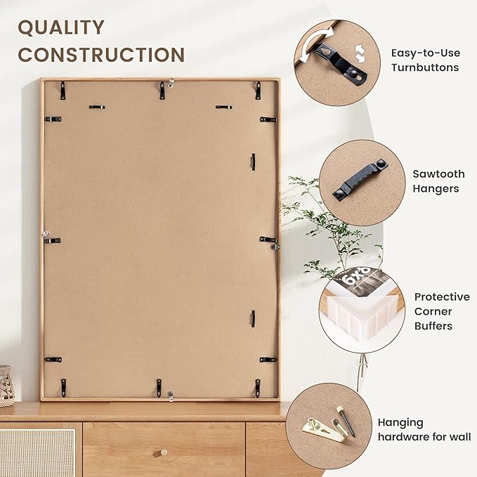 24x30 Poster Frame, USA-Sourced Oak Wood Picture Frame with HD Tempered Glass, Handcrafted Rounded Corner 24 x 30 Wooden Frames Matted to 18x24 Photos, Horizontal or Vertical Wall Display
