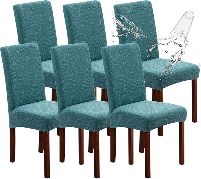 Genina Waterproof Chair Covers for Dining Room, Stretch Jacquard Dining Chair Slipcovers Removable Washable Chair Protector for Kitchen, Hotel, Restaurant (Leaves-Peacock Blue, 6 PCS)