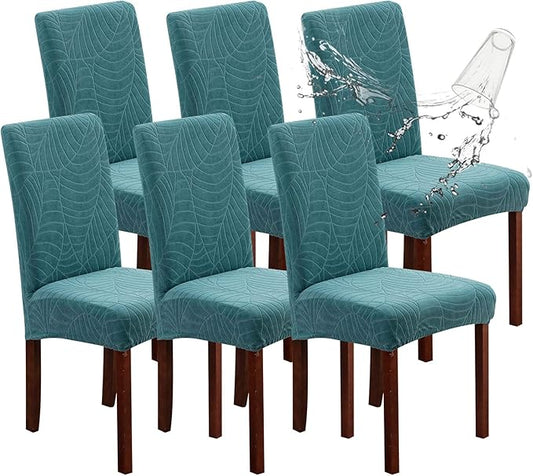 Genina Waterproof Chair Covers for Dining Room, Stretch Jacquard Dining Chair Slipcovers Removable Washable Chair Protector for Kitchen, Hotel, Restaurant (Leaves-Peacock Blue, 6 PCS)